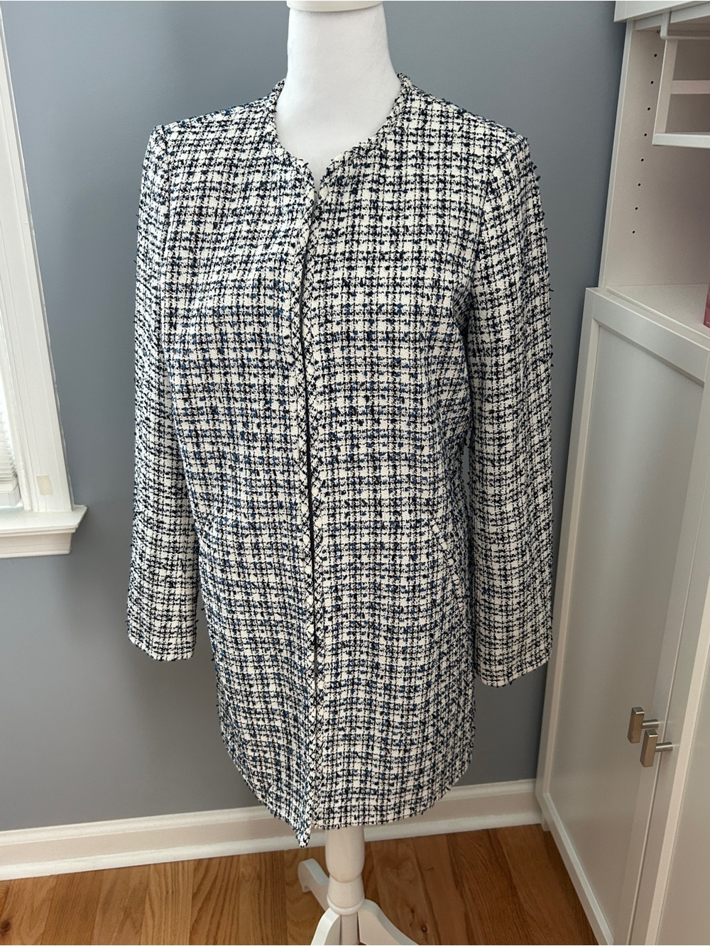 Karl Lagerfeld Paris Tweed Long Coat Jacket Blue White Black Size Small Longline
